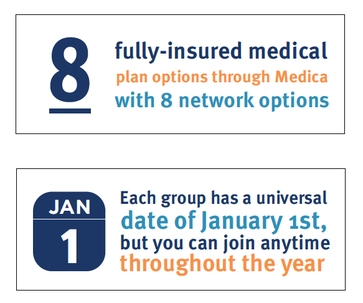 Graphic with text: 8 fully insured plan option and each group has a universal date of Jan. 1Picture